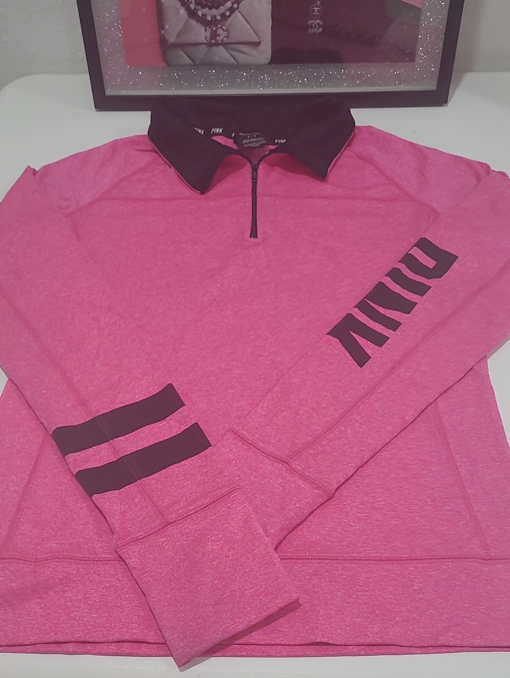 PINK Victoria's Secret Quarter-Zip Pullover in Hot Pink with Black Accents